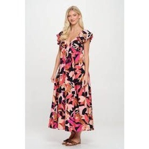 Meet Me In Santorini Dresses & Skirts - Meet Me in Santorini Maxi Dress Womens L‎ Abstract Floral Tie Back Resortwear